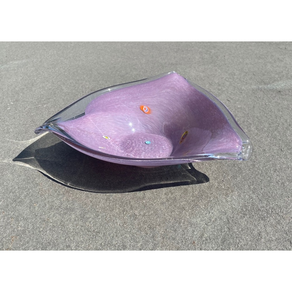 ⁠Vintage‎ Murano Style Art Glass Bowl Lavender Purple Sommerso Millefiori 9.5"